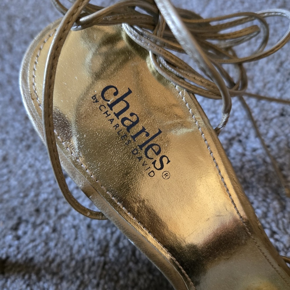 Charles By Charles David Leather Gold Heels Sz 10 Wraparound Strap Lace Up - Picture 2 of 12